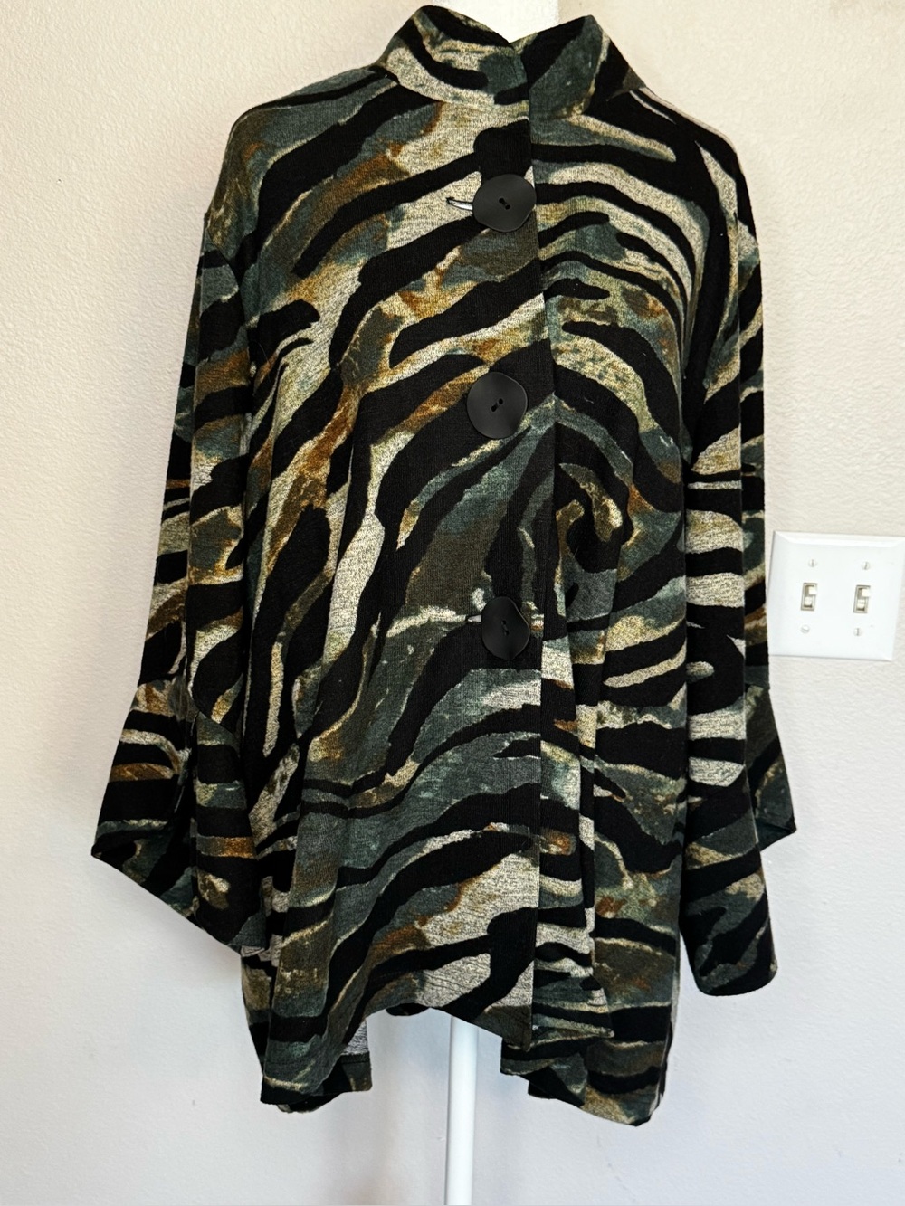 Ali Miles- Women’s Black Zebra-Print Button Front Top - Olive & Gold Accents. 3X